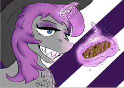 Size: 1024x727 | Tagged: safe, artist:moggsy, oc, oc:spellbound, pony, unicorn, blue eyes, colored, cookie, eyeshadow, food, grey fur, grin, hat, levitation, magic, makeup, purple eyeshadow, purple hair, sharp teeth, smiling, solo, striped background, teeth, telekinesis, witch hat