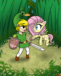 Size: 1280x1589 | Tagged: safe, artist:lennondash, fluttershy, hylian, pegasus, pony, g4.5, my little pony: pony life, crossover, duo, ezlo, female, flying, grass, grin, link, looking at each other, looking at someone, male, mare, micro, open mouth, shield, smiling, sword, the legend of zelda, the legend of zelda: the minish cap, toon link, weapon