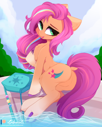 Size: 4000x5000 | Tagged: safe, artist:xsatanielx, sunny starscout, earth pony, pony, g5, absurd resolution, bag, butt, chest fluff, cute, dock, female, fluttershy's cutie mark, mane stripe sunny, mare, open mouth, open smile, plot, rainbow dash's cutie mark, saddle bag, sky, smiling, solo, sunny starbutt, tail, twilight sparkle's cutie mark, underhoof, water