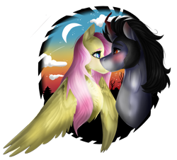 Size: 2655x2405 | Tagged: safe, artist:shineenjoy, fluttershy, king sombra, pegasus, pony, unicorn, g4, bust, female, high res, male, mare, ship:sombrashy, shipping, simple background, stallion, straight, transparent background