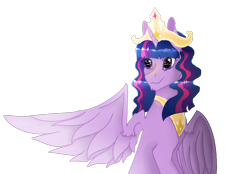 Size: 980x682 | Tagged: safe, artist:shineenjoy, twilight sparkle, alicorn, pony, g4, alternate hairstyle, crown, female, jewelry, mare, one wing out, regalia, simple background, smiling, transparent background, twilight sparkle (alicorn), wings