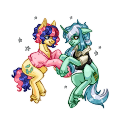 Size: 1280x1280 | Tagged: safe, artist:gowguo, bon bon, lyra heartstrings, sweetie drops, earth pony, pony, unicorn, g4, alternate hairstyle, clothes, duo, female, holding hooves, lesbian, looking at each other, looking at someone, mare, ship:lyrabon, shipping, simple background, stars, sweater, unshorn fetlocks, vest, white background