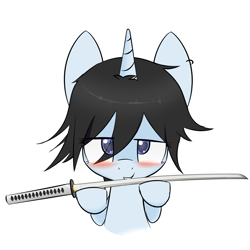Size: 2299x2299 | Tagged: safe, artist:lofis, oc, oc only, oc:lotus flow, pony, unicorn, blushing, bust, colored, female, high res, katana, looking at you, mare, offering, simple background, solo, sword, weapon, white background