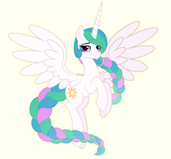 Size: 3398x3172 | Tagged: safe, artist:feather_bloom, princess celestia, alicorn, pony, g4, alternate hairstyle, blushing, braid, braided tail, flying, high res, simple background, solo, tail