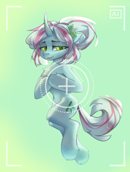 Size: 1800x2400 | Tagged: safe, artist:twinkling, oc, oc only, pony, unicorn, camera shot, chest fluff, curved horn, horn, looking at you, smiling, solo