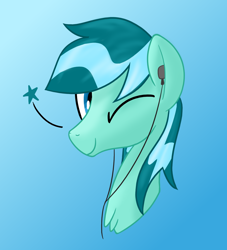 Size: 1280x1411 | Tagged: safe, artist:notadeliciouspotato, oc, oc:wavewind, pegasus, pony, bust, earbuds, gradient background, looking at you, male, one eye closed, smiling, solo, stallion, wink