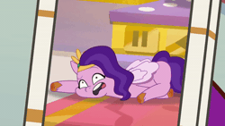 Size: 520x293 | Tagged: safe, screencap, pipp petals, pegasus, pony, g5, my bananas, my little pony: tell your tale, spoiler:g5, spoiler:my little pony: tell your tale, spoiler:tyts01e21, animated, blinking, cellphone, epic fail, fail, female, headband, jewelry, mare, on the floor, phone, pinpoint eyes, regalia, smartphone, solo