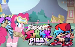 Size: 550x340 | Tagged: safe, artist:jakeneutron, pinkie pie, earth pony, human, pony, g4, bag, bandage, boyfriend, cap, clothes, corrupted, crossover, error, female, friday night funkin', glitch, goggles, hair bun, hat, male, mare, microphone, pants, pibby, ponyville, riding a pony, saddle bag, scarf, shirt, shoes, smiling, socks