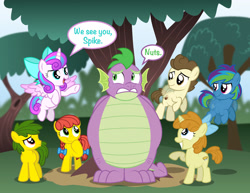 Size: 1920x1481 | Tagged: safe, artist:aleximusprime, pound cake, princess flurry heart, pumpkin cake, spike, oc, oc:annie smith, oc:apple chip, oc:storm streak, alicorn, dragon, earth pony, pegasus, pony, unicorn, flurry heart's story, g4, bow, buzzing wings, colt, commission, dialogue, fat, fat spike, female, filly, flying, foal, grin, hair bow, hide and seek, hoof on chin, male, offspring, older, older flurry heart, older pound cake, older pumpkin cake, older spike, parent:applejack, parent:oc:thunderhead, parent:rainbow dash, parent:tex, parents:canon x oc, parents:texjack, pointing, smiling, speech bubble, tree, wings