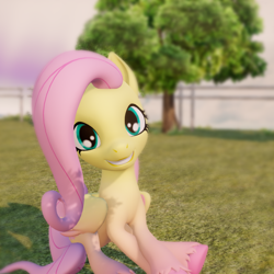 Size: 800x800 | Tagged: safe, artist:stitchsewcut, fluttershy, pegasus, pony, g4, 3d, cute, looking at you, outdoors, shyabetes, smiling, smiling at you, solo