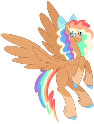 Size: 600x788 | Tagged: safe, artist:traveleraoi, oc, oc only, oc:honey gold, pegasus, pony, blaze (coat marking), bow, coat markings, colored pupils, facial markings, feathered fetlocks, freckles, hair bow, hooves, magical lesbian spawn, multicolored hair, next generation, offspring, parent:applejack, parent:rainbow dash, parents:appledash, rainbow hair, simple background, smiling, socks (coat markings), solo, transparent background, watermark