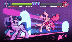 Size: 1500x886 | Tagged: safe, artist:tsitra360, pinkie pie, twilight sparkle, earth pony, pony, unicorn, fighting is magic, g4, bandaid, community related, health bars, knock out, swirly eyes, tongue out, unicorn twilight