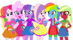 Size: 1023x566 | Tagged: safe, artist:03daimond24, artist:durpy, artist:kinnichi, artist:selenaede, artist:the smiling pony, applejack (g3), fluttershy (g3), pinkie pie (g3), rainbow dash (g3), rarity (g3), twilight twinkle, human, equestria girls, g3, g4, base used, belt, bowtie, bracelet, clothes, cutie mark on clothes, equestria girls-ified, g3 to equestria girls, g3 to g4, generation leap, hand on hip, hand on shoulder, jacket, jewelry, shirt, simple background, skirt, smiling, tank top, transparent background