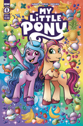 Size: 2063x3131 | Tagged: safe, anonymous editor, artist:brenda hickey, edit, idw, izzy moonbow, sunny starscout, earth pony, pony, unicorn, g5, my little pony: a new generation, spoiler:comic, spoiler:g5comic, spoiler:g5comic08, abstract background, applejack's cutie mark, banana, blueberry, bracelet, bubble, clothes, coat markings, colorful, comic cover, drinking straw, female, fluttershy's cutie mark, food, friendship bracelet, fruit, fruity, high res, jewelry, kiwi fruit, lemon, mane six cutie marks, mare, mint, orange, pineapple, pinkie pie's cutie mark, rainbow dash's cutie mark, rarity's cutie mark, smoothie, socks (coat markings), sparkles, strawberry, sweater, twilight sparkle's cutie mark, umbrella
