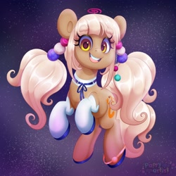 Size: 4000x4000 | Tagged: safe, artist:partypievt, earth pony, pony, clothes, female, hololive, hololive eng, mare, pigtails, ponified, sidebangs, smiling, socks, solo, tsukumo sana, twintails, vtuber