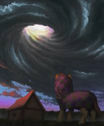 Size: 1280x1556 | Tagged: safe, artist:redruin01, oc, oc only, pony, fanfic:reset the clock, cloak, clothes, cloud, commission, fanfic art, house, lightning, low angle, sky, solo