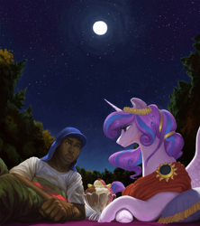Size: 1280x1443 | Tagged: safe, artist:redruin01, alicorn, human, pony, fanfic:reset the clock, commission, fanfic art, food, ice cream, moon, night, stars