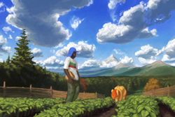 Size: 1280x853 | Tagged: safe, artist:redruin01, oc, oc only, human, pegasus, pony, fanfic:reset the clock, commission, fanfic art, fence, field, forest, mountain, mountain range, scenery, sky