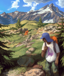 Size: 1280x1503 | Tagged: safe, artist:redruin01, oc, oc only, human, pegasus, pony, fanfic:reset the clock, cloud, commission, day, fanfic art, forest, hiking, mountain, rock, scenery, scenery porn