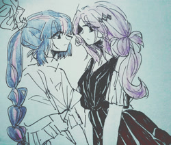 Size: 1680x1426 | Tagged: safe, artist:fyosisui4444, rarity, twilight sparkle, human, equestria girls, g4, clothes, dress, duo, duo female, eye clipping through hair, female, humanized, lesbian, looking at each other, looking at someone, ship:rarilight, shipping, simple background, traditional art, white background