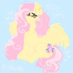 Size: 800x800 | Tagged: safe, artist:cattlv, fluttershy, pegasus, pony, g4, 2022, blue background, blushing, female, heart, long mane, mare, simple background, sitting, smiling, solo