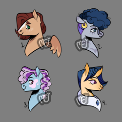 Size: 1600x1600 | Tagged: safe, artist:moddiimi, oc, oc only, unnamed oc, changepony, earth pony, hybrid, pegasus, pony, unicorn, zony, bust, ear piercing, earring, female, gray background, interspecies offspring, jewelry, magical lesbian spawn, male, mare, nose piercing, nose ring, offspring, palindrome get, parent:big macintosh, parent:fluttershy, parent:party favor, parent:pinkie pie, parent:princess luna, parent:rarity, parent:thorax, parent:zecora, parents:fluttermac, parents:lucora, parents:partypie, parents:rarax, piercing, simple background, stallion, watermark