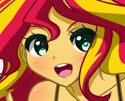 Size: 644x523 | Tagged: safe, artist:kittyrosie, sunset shimmer, human, equestria girls, g4, camisole, collarbone, colored eyebrows, cute, cyan eyes, eye clipping through hair, looking at you, multicolored mane, open mouth, shimmerbetes, solo, wip