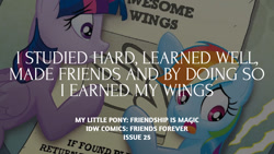 Size: 1280x720 | Tagged: safe, edit, editor:quoterific, idw, rainbow dash, twilight sparkle, alicorn, pegasus, pony, g4, my little pony: friends forever, spoiler:comic, duo, duo female, female, mare, open mouth, spread wings, text, twilight sparkle (alicorn), wings