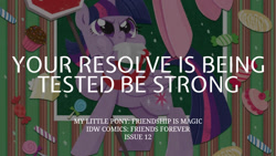 Size: 1280x720 | Tagged: safe, edit, editor:quoterific, idw, twilight sparkle, alicorn, pony, g4, my little pony: friends forever, spoiler:comic, blowing whistle, candy, cupcake, female, food, lollipop, mare, puffy cheeks, solo, text, that pony sure does love whistles, twilight sparkle (alicorn), whistle, whistle necklace