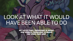 Size: 1280x720 | Tagged: safe, artist:thom zahler, edit, editor:quoterific, idw, fluttershy, twilight sparkle, zecora, alicorn, pegasus, pony, zebra, g4, spoiler:comic58, female, mare, spread wings, text, the vines that bind, trio, trio female, twilight sparkle (alicorn), wings