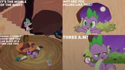 Size: 1280x720 | Tagged: safe, edit, edited screencap, editor:quoterific, screencap, spike, twilight sparkle, dragon, pony, unicorn, g4, it's about time, season 2, clock, duo, duo male and female, female, floppy ears, golden oaks library, male, mare, night, nose in the air, open mouth, text, unicorn twilight
