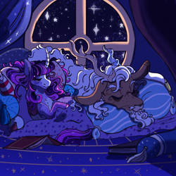 Size: 2000x2000 | Tagged: safe, alternate version, artist:orphicswanart, derpibooru exclusive, discord, twilight sparkle, alicorn, draconequus, pony, g4, bed, covers, female, high res, male, mare, night, pillow, redesign, ship:discolight, shipping, sleeping, smiling, stars, straight, twilight sparkle (alicorn), white hair, window