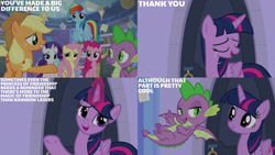Size: 1280x720 | Tagged: safe, edit, edited screencap, editor:quoterific, screencap, applejack, fluttershy, pinkie pie, rainbow dash, rarity, spike, twilight sparkle, alicorn, dragon, earth pony, pegasus, pony, unicorn, g4, season 9, the ending of the end, applejack's hat, chalkboard, cowboy hat, crying, eyes closed, female, flying, glowing, glowing horn, grin, hat, horn, magic, male, mane seven, mane six, mare, open mouth, open smile, smiling, spread wings, tears of joy, telekinesis, text, twilight sparkle (alicorn), winged spike, wings