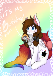 Size: 1423x2048 | Tagged: safe, artist:mscolorsplash, oc, oc only, oc:color splash, pegasus, pony, blushing, duo, female, happy birthday, mare, non-mlp oc, open mouth, scruff, sitting