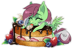 Size: 1797x1225 | Tagged: safe, artist:arctic-fox, oc, oc only, oc:watermelon success, pegasus, pony, berry, blueberry, cake, chibi, commission, eyes closed, female, food, freckles, happy, herbivore, mare, pegasus oc, ponies in food, simple background, solo, spread wings, strawberry, tongue out, transparent background, whipped cream, wings, ych result