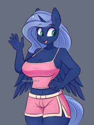 Size: 1246x1650 | Tagged: safe, artist:handgunboi, princess luna, alicorn, anthro, adorasexy, belly button, breasts, busty princess luna, cleavage, clothes, cute, eyebrows, eyebrows visible through hair, female, gray background, horn, looking at you, mare, open mouth, open smile, sexy, shorts, sideboob, simple background, smiling, smiling at you, solo, spread wings, tail, tanktop, wings