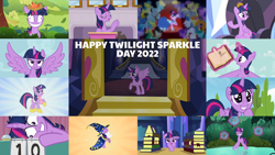 Size: 1972x1109 | Tagged: safe, edit, edited screencap, editor:quoterific, screencap, amethyst star, bruce mane, carrot top, derpy hooves, drizzle, eclair créme, fine line, golden harvest, jangles, lemon hearts, lemony gem, maxie, north star, orange blossom, orion, parasol, perfect pace, prim posy, sea swirl, seafoam, shooting star (character), sparkler, spring melody, sprinkle medley, twilight sparkle, alicorn, bird, earth pony, pegasus, pony, unicorn, a trivial pursuit, equestria games (episode), g4, hearts and hooves day (episode), lesson zero, luna eclipsed, made in manehattan, magic duel, non-compete clause, princess twilight sparkle (episode), season 1, season 2, season 3, season 4, season 5, season 6, season 8, season 9, the best night ever, top bolt, twilight's kingdom, winter wrap up, 2022, adorkable, book, clothes, cosplay, costume, crown, cute, dork, dress, eyes closed, female, floppy ears, gala dress, grin, insanity, jewelry, magic, male, mare, messy hair, nightmare night costume, open mouth, open smile, pinpoint eyes, regalia, school of friendship, smiling, spread wings, stallion, star swirl the bearded costume, starry eyes, telekinesis, text, twiabetes, twilight snapple, twilight sparkle (alicorn), twilight sparkle day, twilight the bearded, twilight's castle, unicorn twilight, wingding eyes, wings