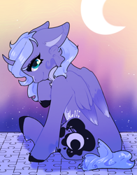 Size: 912x1163 | Tagged: safe, artist:man;, princess luna, alicorn, pony, g4, black hooves, blaze (coat marking), chest fluff, coat markings, colored eyebrows, colored hooves, colored pinnae, colored wings, cute, facial markings, female, gradient wings, leg fluff, looking at you, looking back, looking back at you, mare, moon, pale belly, puzzle, s1 luna, sitting, smiling, smiling at you, solo, stars, sunset