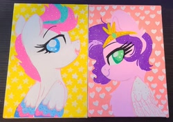 Size: 1881x1330 | Tagged: safe, artist:lbrcloud, part of a set, pipp petals, zipp storm, pegasus, pony, g5, abstract background, bust, colored pupils, duo, headband, heart, jewelry, portrait, profile, regalia, royal sisters (g5), siblings, sisters, smiling, stars, traditional art