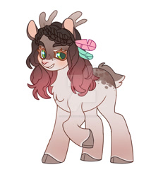 Size: 1280x1383 | Tagged: safe, artist:kusacakusaet, oc, oc only, pony, antlers, chest fluff, deviantart watermark, grin, obtrusive watermark, raised hoof, simple background, smiling, solo, watermark, white background
