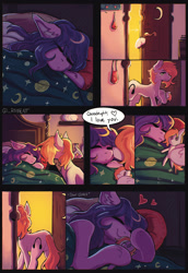 Size: 1170x1697 | Tagged: safe, artist:rament, oc, oc:sophie hoofington, oc:star silk, earth pony, pegasus, pony, bed, bedroom, cheek kiss, comic, female, i love you, kissing, love, magic, mare, plushie, sleeping, sneaking