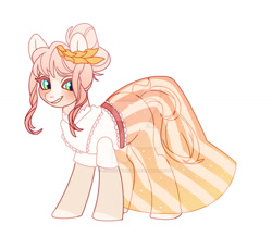 Size: 1280x1173 | Tagged: safe, artist:kusacakusaet, oc, oc only, earth pony, pony, clothes, deviantart watermark, dress, earth pony oc, grin, laurel wreath, obtrusive watermark, simple background, smiling, solo, watermark, white background
