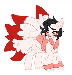 Size: 1280x1327 | Tagged: safe, artist:kusacakusaet, oc, oc only, kitsune, kitsune pony, original species, pony, clothes, deviantart watermark, ear fluff, kimono (clothing), looking back, multiple tails, obtrusive watermark, simple background, solo, tail, watermark, white background