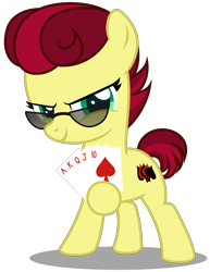 Size: 2590x3350 | Tagged: safe, artist:strategypony, oc, oc only, oc:aces high, earth pony, pony, accessory, ace of spades, card, earth pony oc, female, filly, foal, glasses, high res, hoof hold, looking at you, missing accessory, playing card, poker, shadow, simple background, smiling, smiling at you, smirk, solo, transparent background
