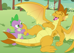 Size: 4200x3000 | Tagged: safe, artist:yipthecoyotepup, spike, oc, oc:topaz, dragon, g4, belly, dragon oc, duo, evil smile, eyebrows, eyes closed, feet, foot tickling, grin, high res, laughing, lying, male, non-pony oc, open mouth, open smile, paws, smiling, spread wings, tickling, wings