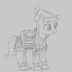 Size: 1908x1892 | Tagged: safe, artist:mandumustbasukanemen, oc, oc only, adventurer, armor, atg 2022, backpack, belt, clothes, female, hat, mare, monochrome, newbie artist training grounds, shoes, tail, tail wrap