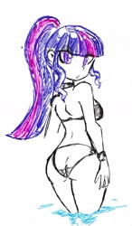 Size: 957x1639 | Tagged: source needed, safe, artist:elgatosabio, sci-twi, twilight sparkle, human, equestria girls, g4, ass, bikini, butt, clothes, female, looking at you, looking back, looking back at you, sci-twibutt, solo, swimsuit