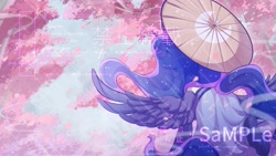 Size: 2048x1152 | Tagged: safe, artist:qamar, princess luna, alicorn, pony, g4, back, cherry blossoms, commission, female, flower, flower blossom, mare, solo, spread wings, watermark, wings
