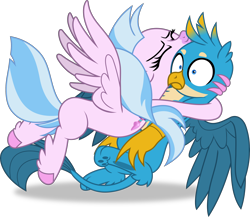 Size: 3266x2832 | Tagged: safe, artist:frownfactory, gallus, silverstream, griffon, hippogriff, g4, what lies beneath, do not want, duo, eyes closed, female, high res, hug, male, silverstream hugs gallus, simple background, transparent background, vector, wings