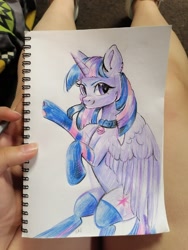 Size: 1200x1600 | Tagged: safe, artist:ske, twilight sparkle, alicorn, pony, g4, bell, bell collar, clothes, collar, sketch, socks, solo, striped socks, traditional art, twilight sparkle (alicorn)